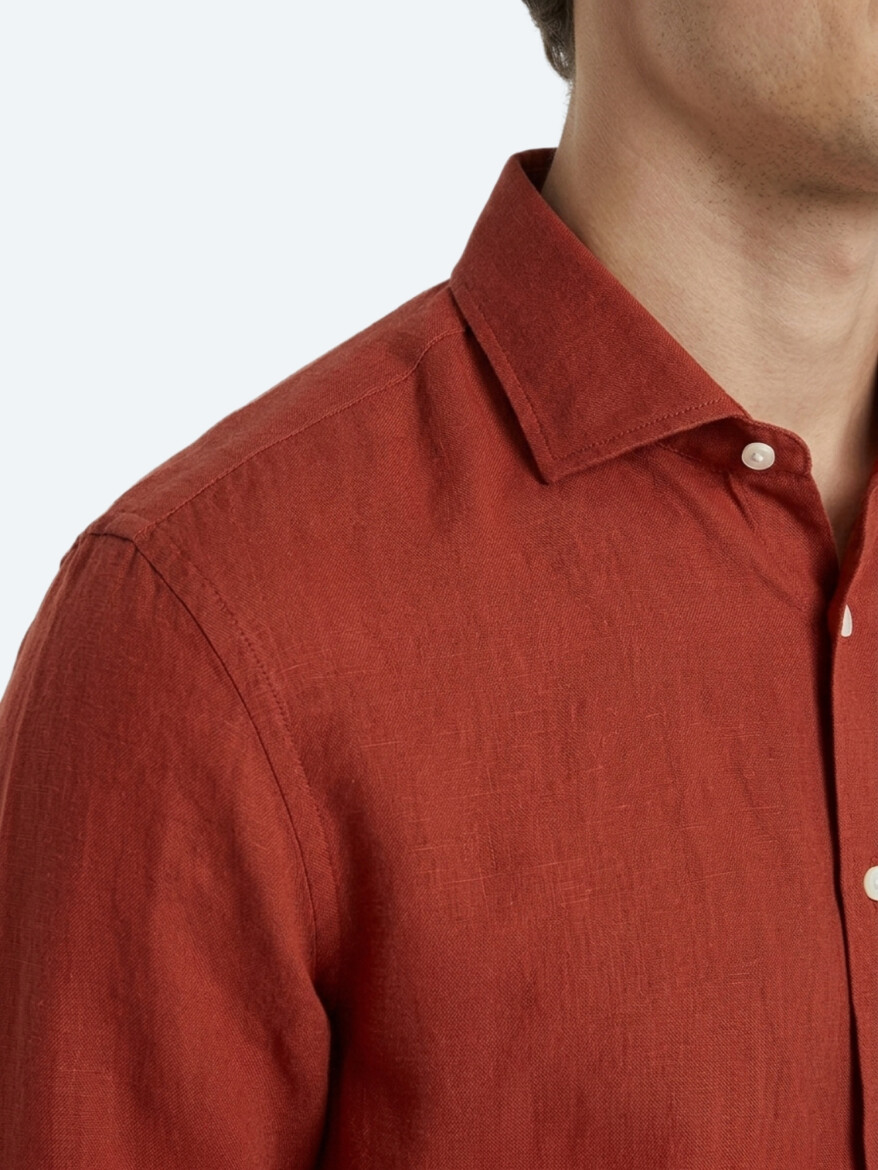 Tile Red Plain Regular Fit Long Weaving Casual Cotton Blended Shirt - 3