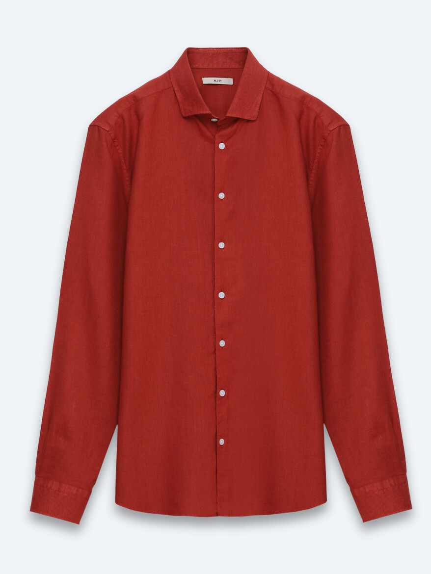 Tile Red Plain Regular Fit Long Weaving Casual Cotton Blended Shirt - 6