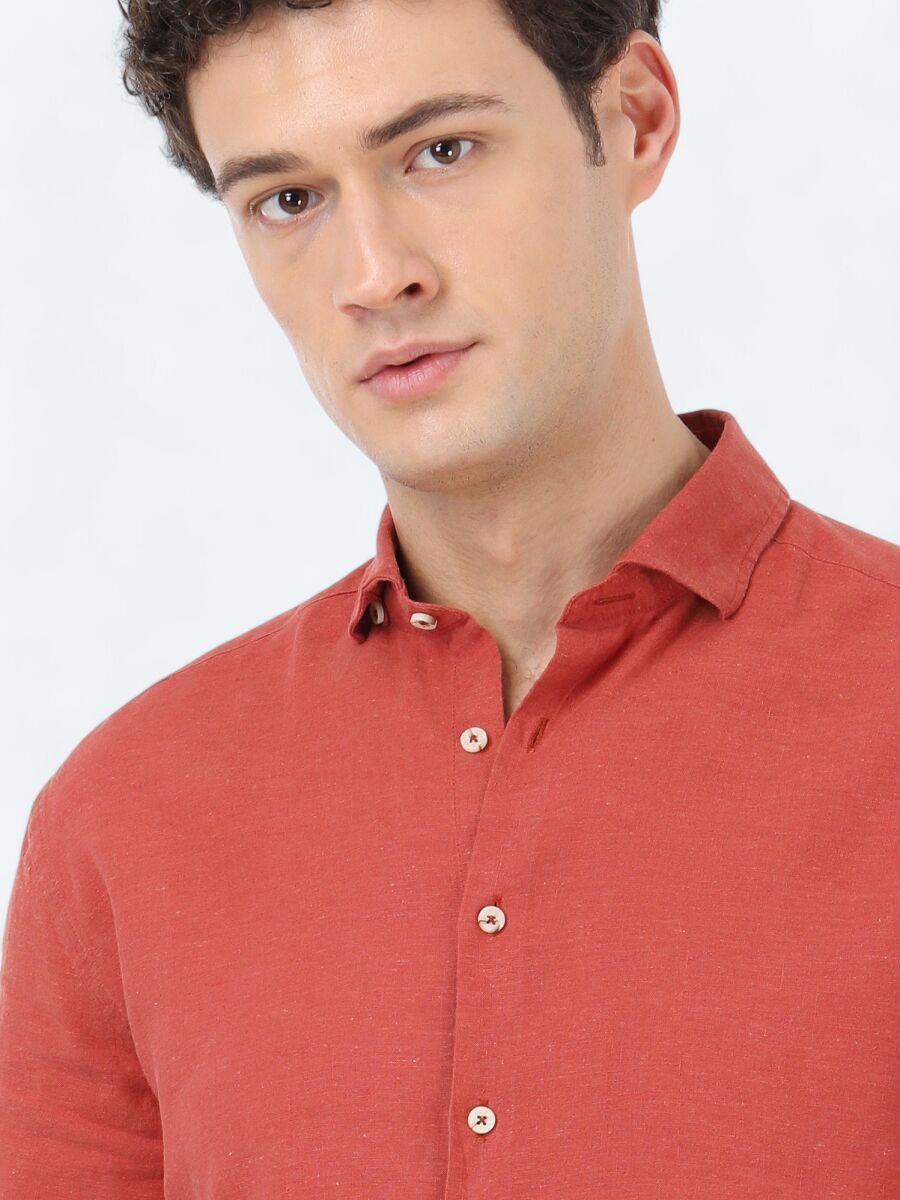 Tile Red Plain Regular Fit Weaving Casual Cotton Blended Shirt - 4