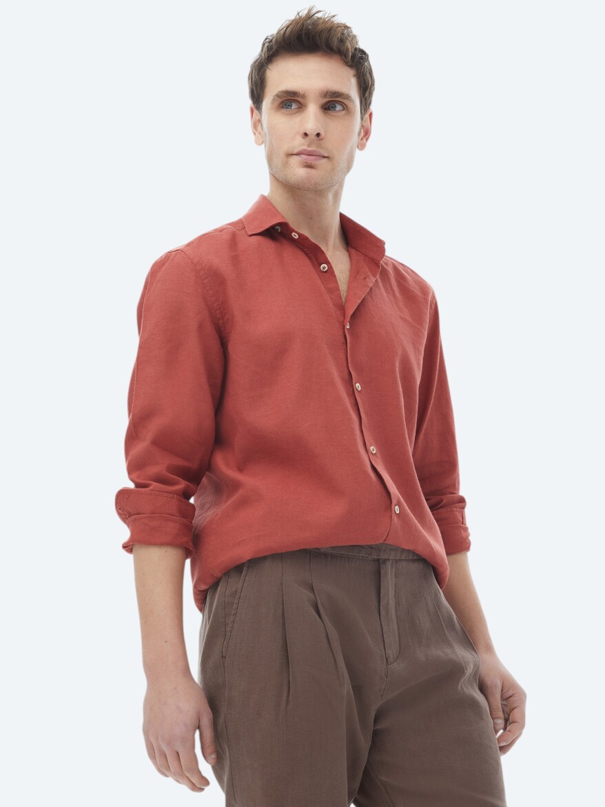 Tile Red Plain Regular Fit Weaving Casual Cotton Blended Shirt - 1