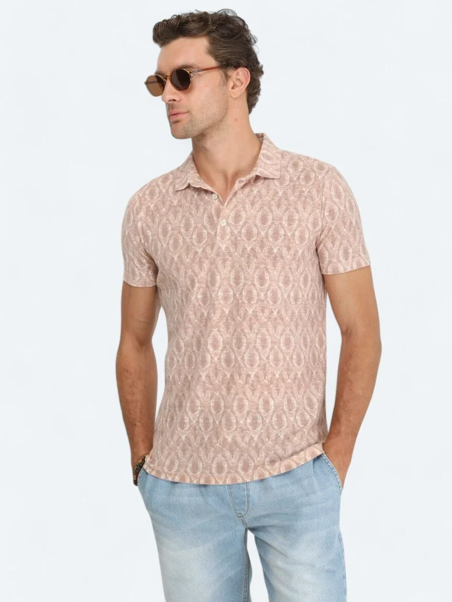 Tile Red Printed Polo Neck Linen Blended T-Shirt - 1