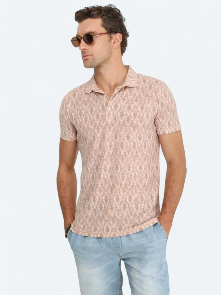 Tile Red Printed Polo Neck Linen Blended T-Shirt - 1