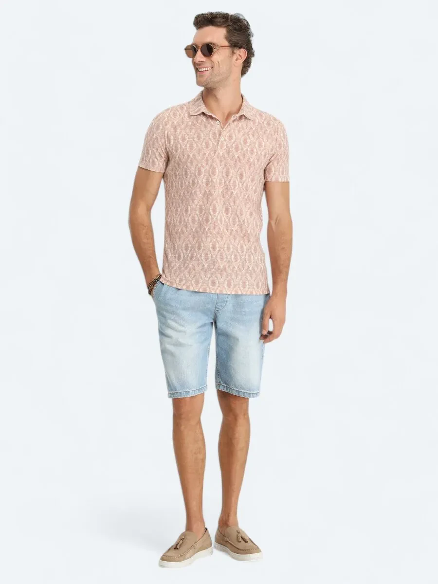 Tile Red Printed Polo Neck Linen Blended T-Shirt - 2