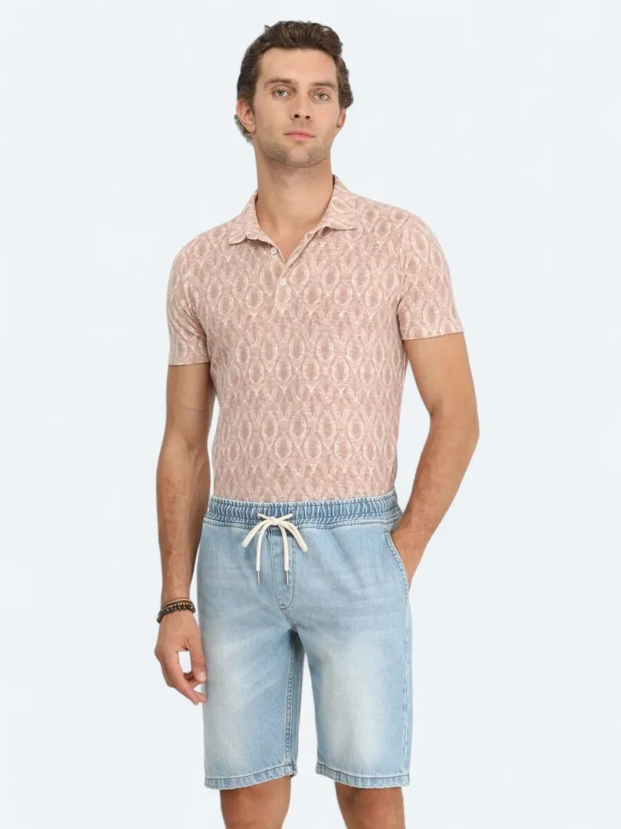 Tile Red Printed Polo Neck Linen Blended T-Shirt - 3