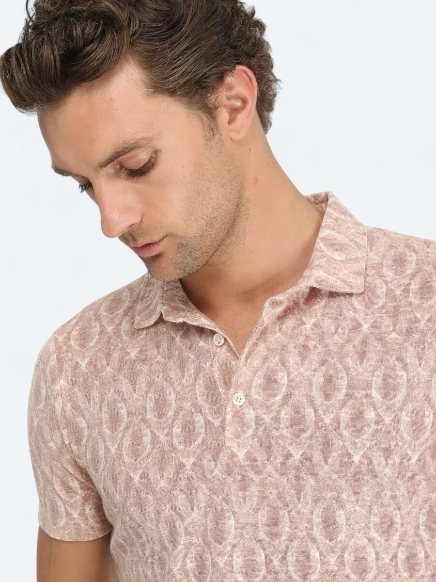 Tile Red Printed Polo Neck Linen Blended T-Shirt - 4