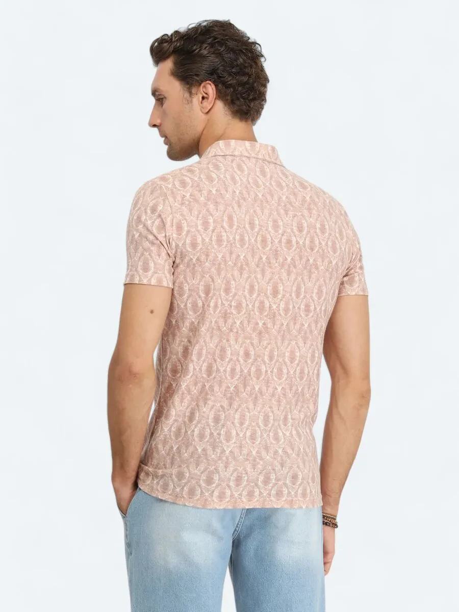 Tile Red Printed Polo Neck Linen Blended T-Shirt - 5