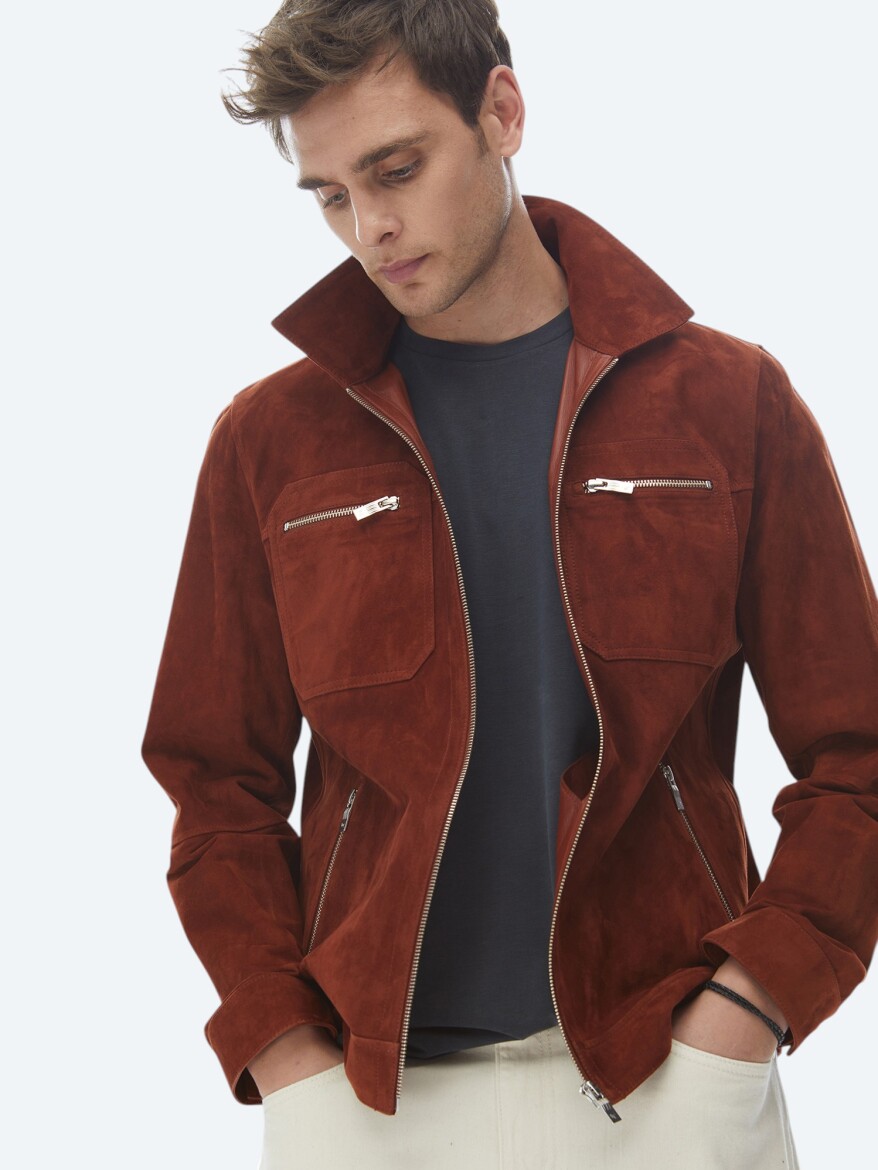 Tile Red Regular Fit Shirt Collar Smart Casual Leather Coat - 1