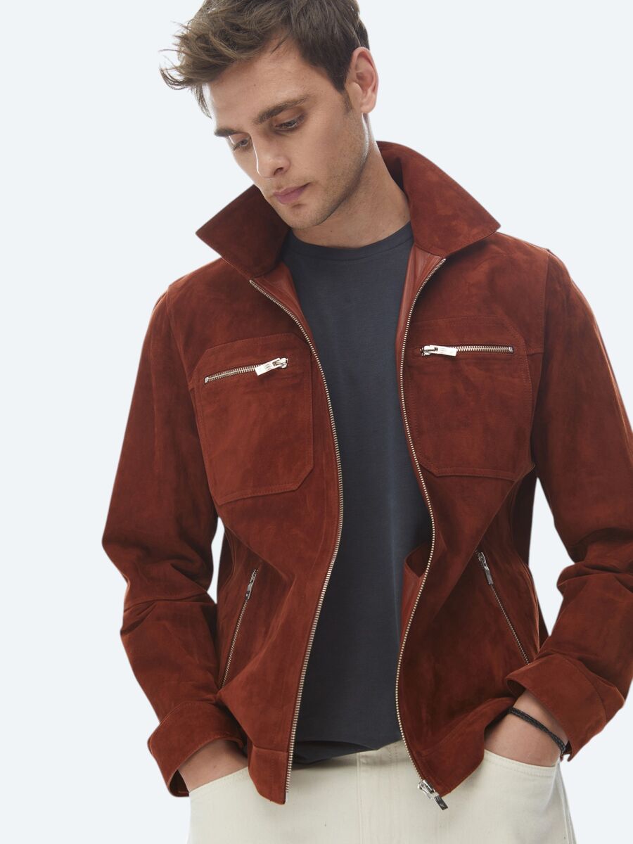 Tile Red Regular Fit Shirt Collar Smart Casual Leather Coat - 1