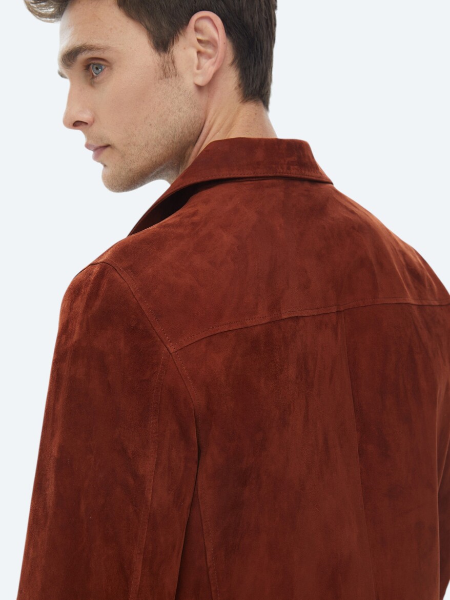 Tile Red Regular Fit Shirt Collar Smart Casual Leather Coat - 11