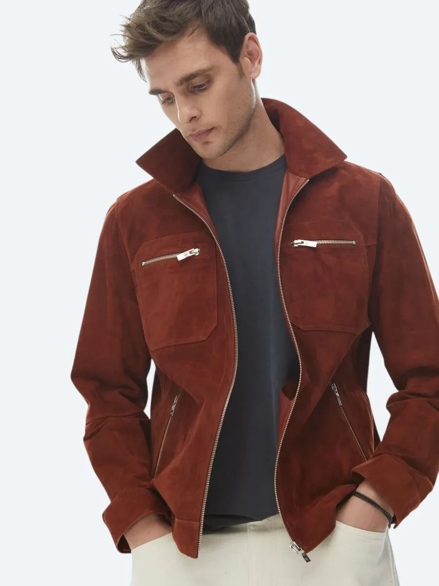 Tile Red Shirt Collar Smart Casual Leather Coat - 1