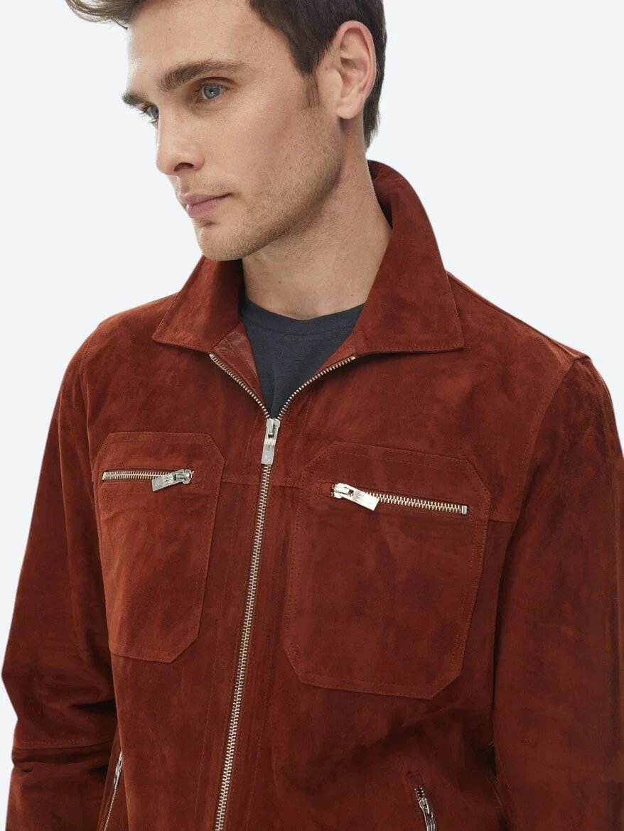 Tile Red Shirt Collar Smart Casual Leather Coat - 3
