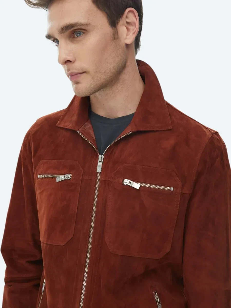 Tile Red Shirt Collar Smart Casual Leather Coat - 3