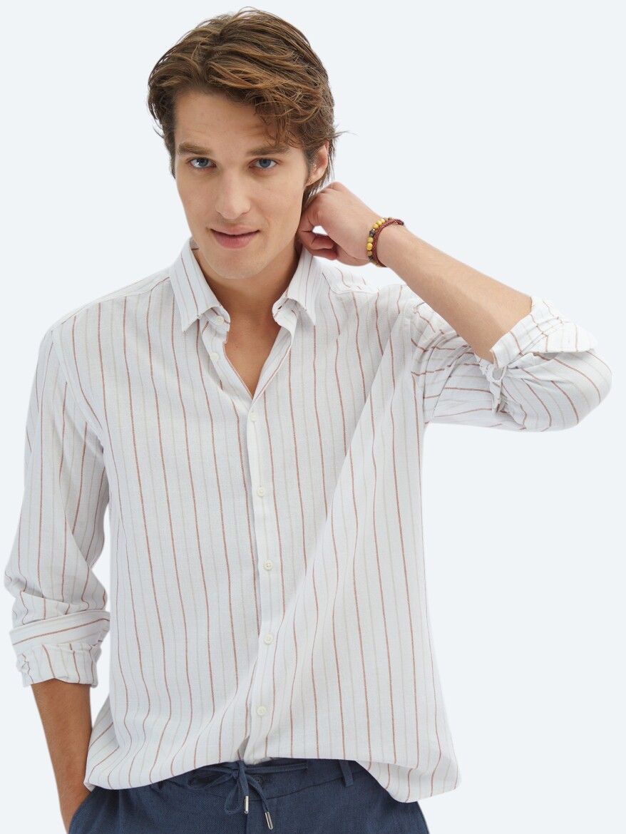 Tile Red Striped Regular Fit Long Weaving Casual 100% Cotton Shirt - 3