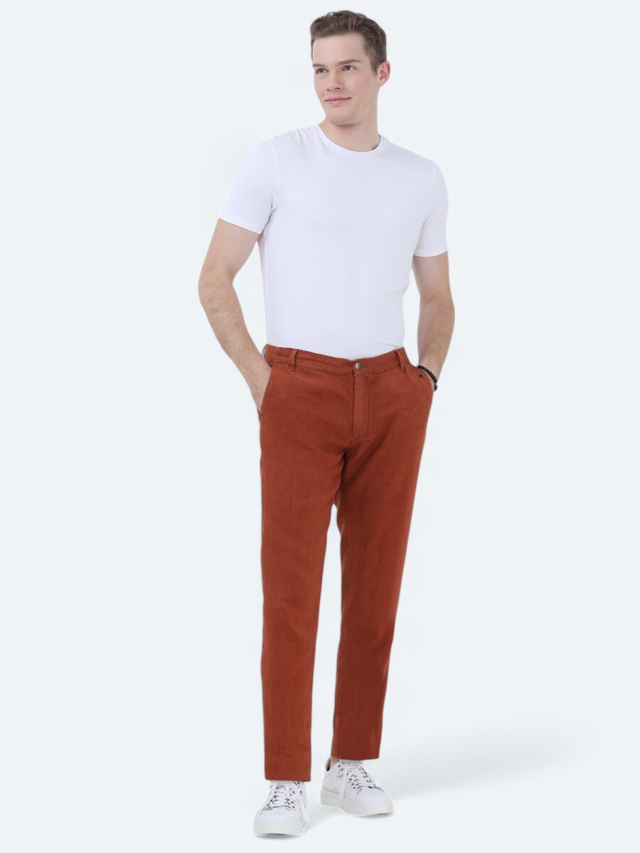 Tile Red Weaving Jogging Fit Casual 100% Linen Trousers - 1