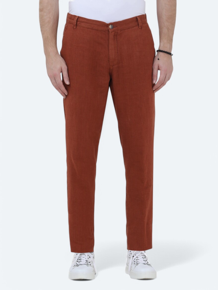 Tile Red Weaving Jogging Fit Casual 100% Linen Trousers - 2