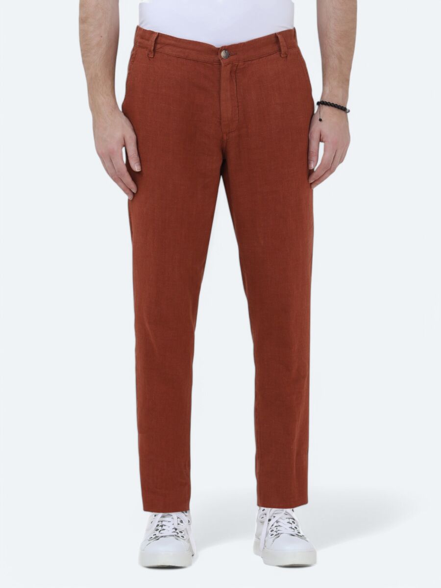 Tile Red Weaving Jogging Fit Casual 100% Linen Trousers - 2