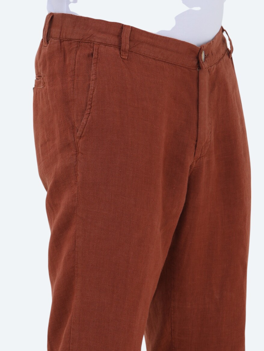 Tile Red Weaving Jogging Fit Casual 100% Linen Trousers - 4