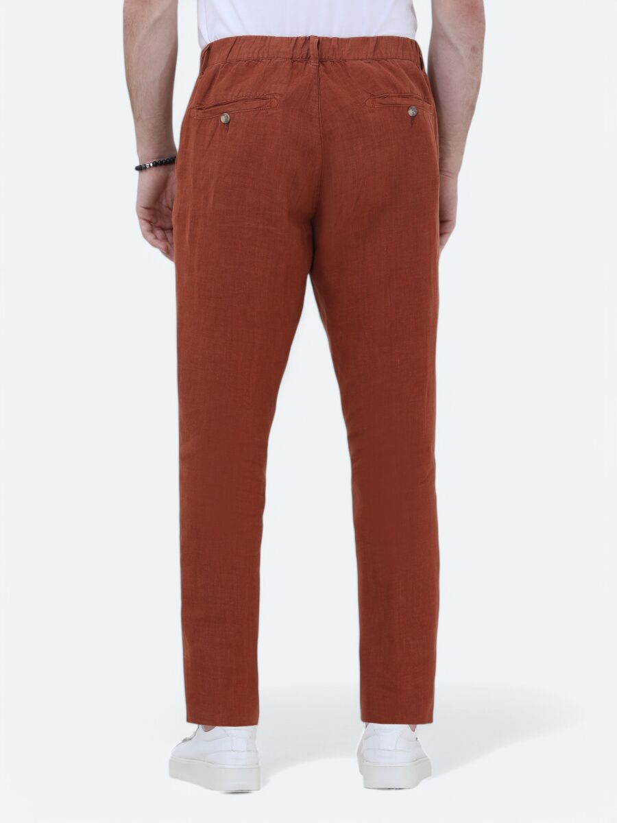 Tile Red Weaving Jogging Fit Casual 100% Linen Trousers - 5