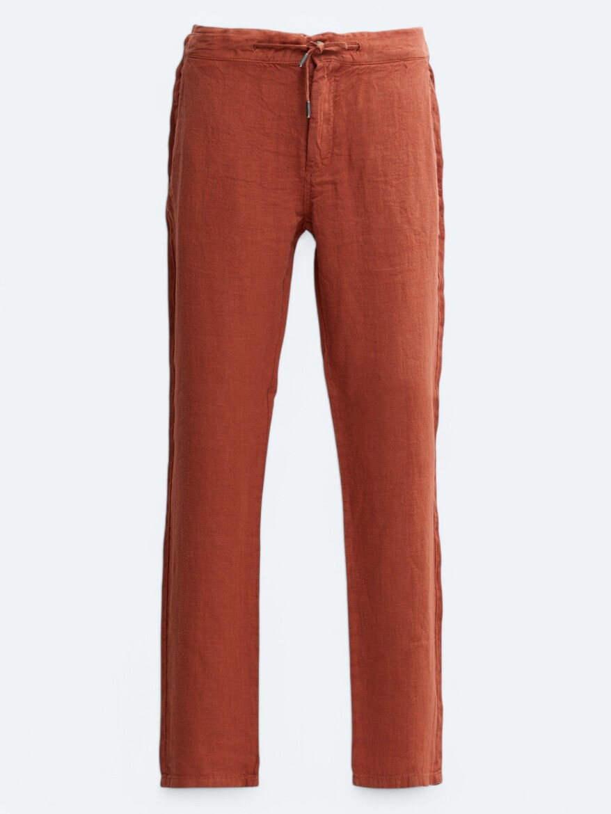 Tile Red Weaving Jogging Fit Casual 100% Linen Trousers - 6