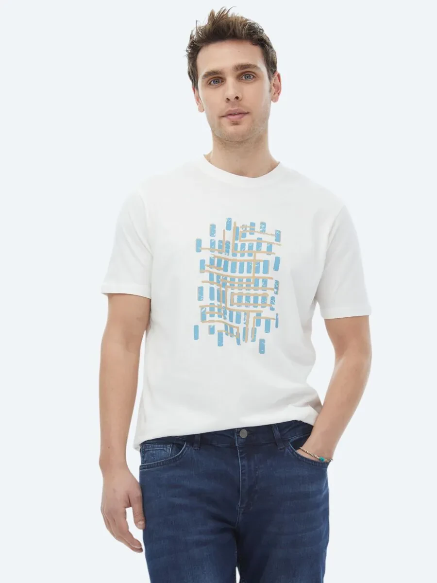 Turkuaz Baskılı Bisiklet Yaka %100 Pamuk T-Shirt - 1