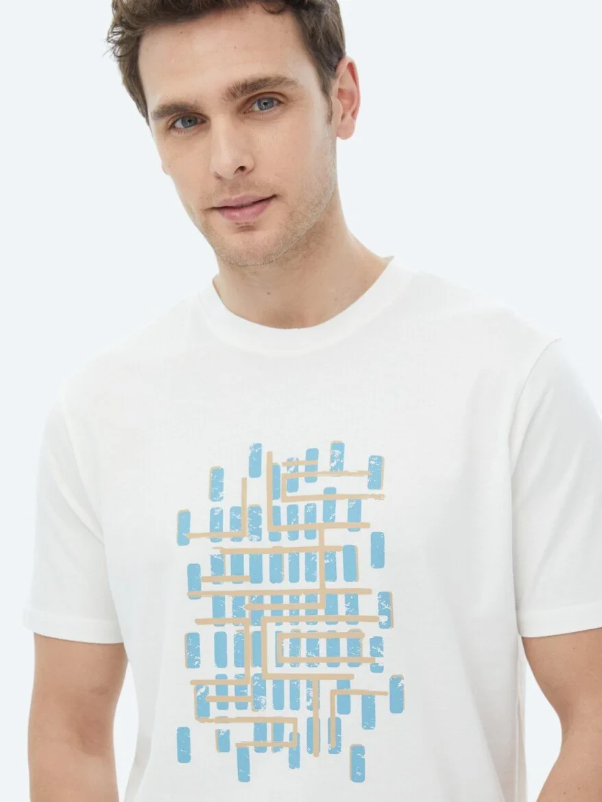 Turkuaz Baskılı Bisiklet Yaka %100 Pamuk T-Shirt - 8