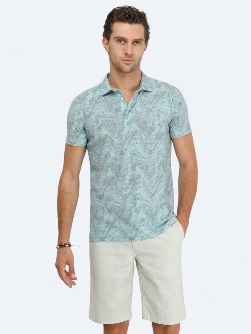 Turkuaz Baskılı Polo Yaka Pamuk Karışımlı T-Shirt - 1