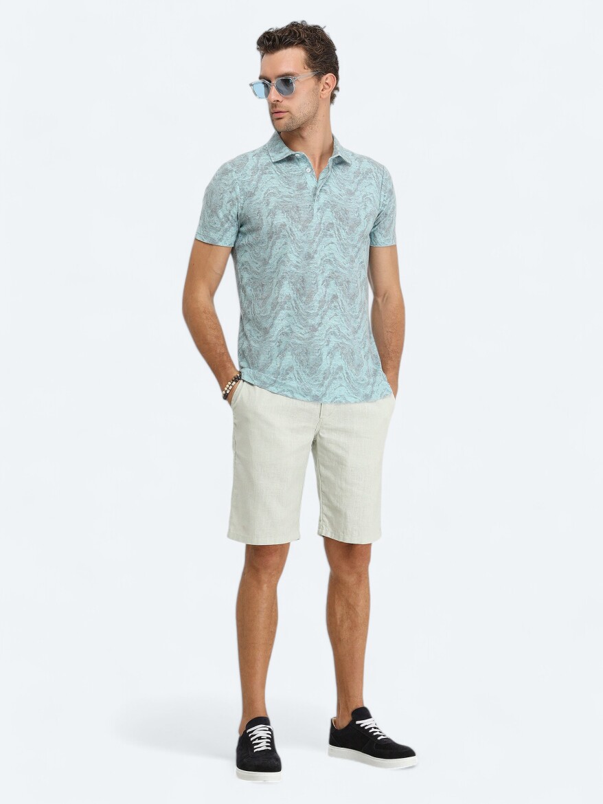 Turkuaz Baskılı Polo Yaka Pamuk Karışımlı T-Shirt - 2