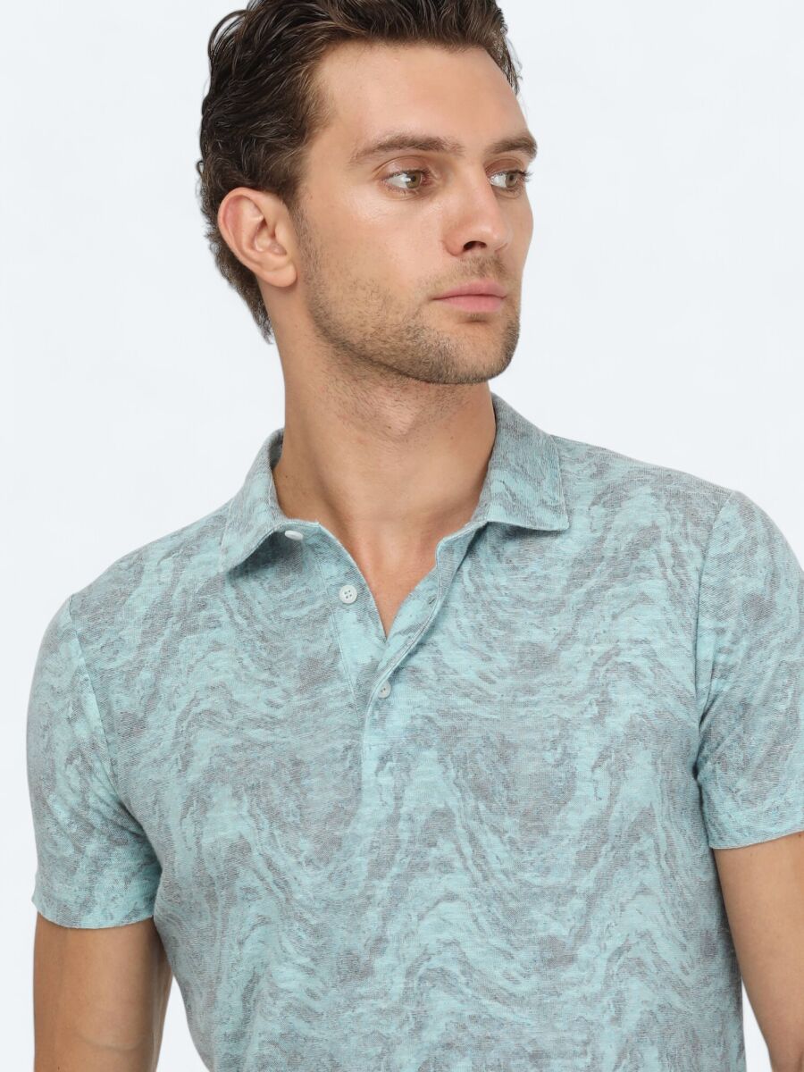 Turkuaz Baskılı Polo Yaka Pamuk Karışımlı T-Shirt - 4