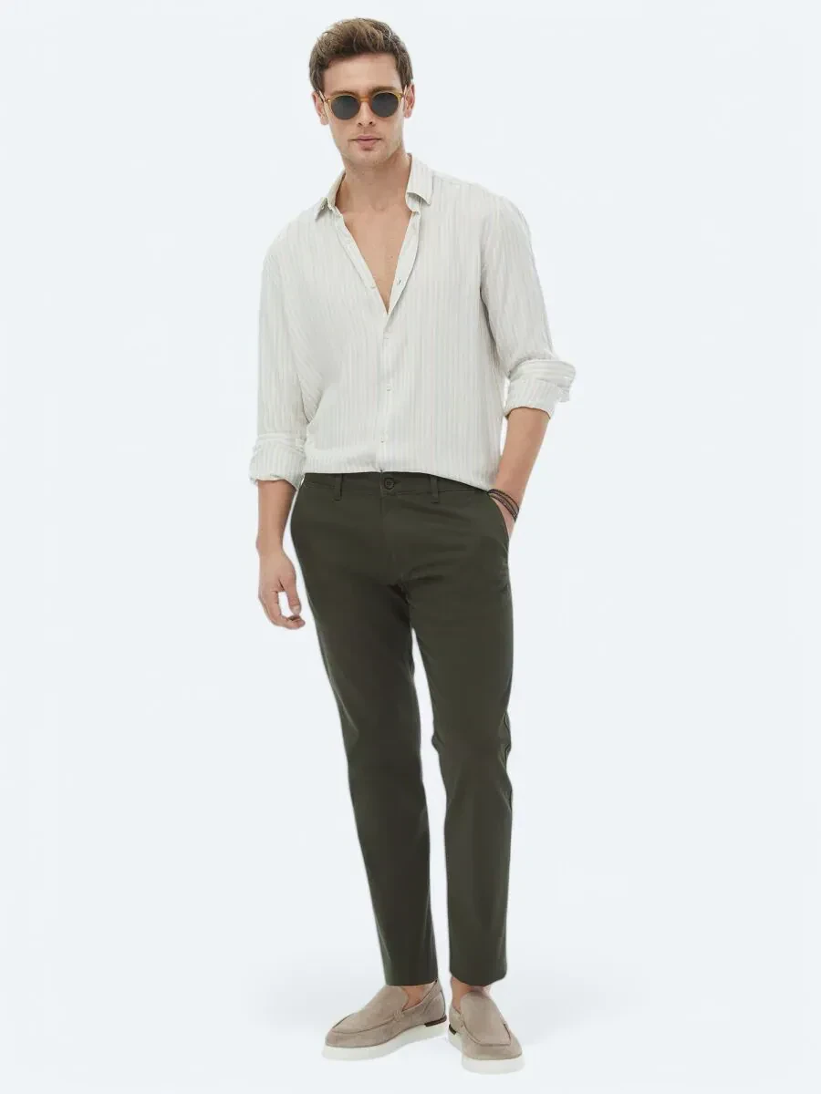 Turkuaz Çizgili Regular Fit Dokuma Casual Pamuk Karışımlı Gömlek - 2