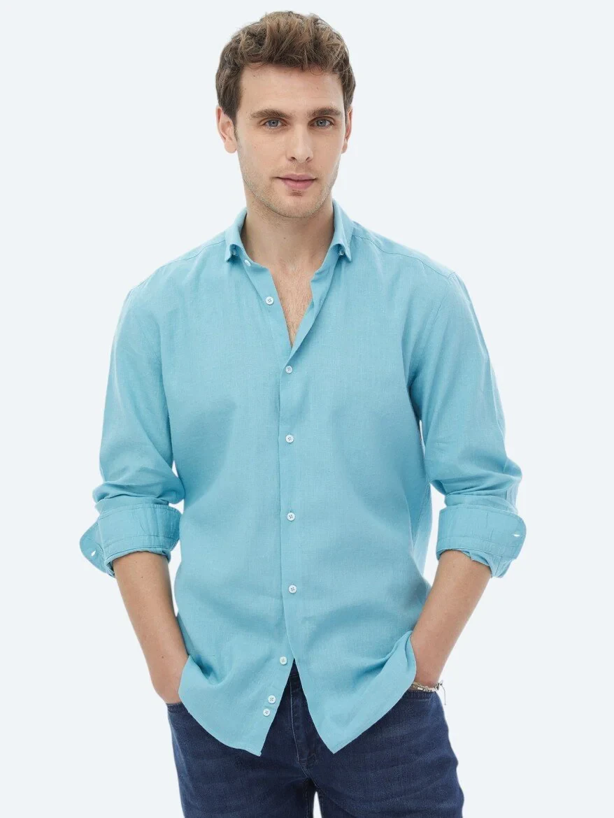 Turkuaz Düz Regular Fit Dokuma Casual Pamuk Karışımlı Gömlek - 6