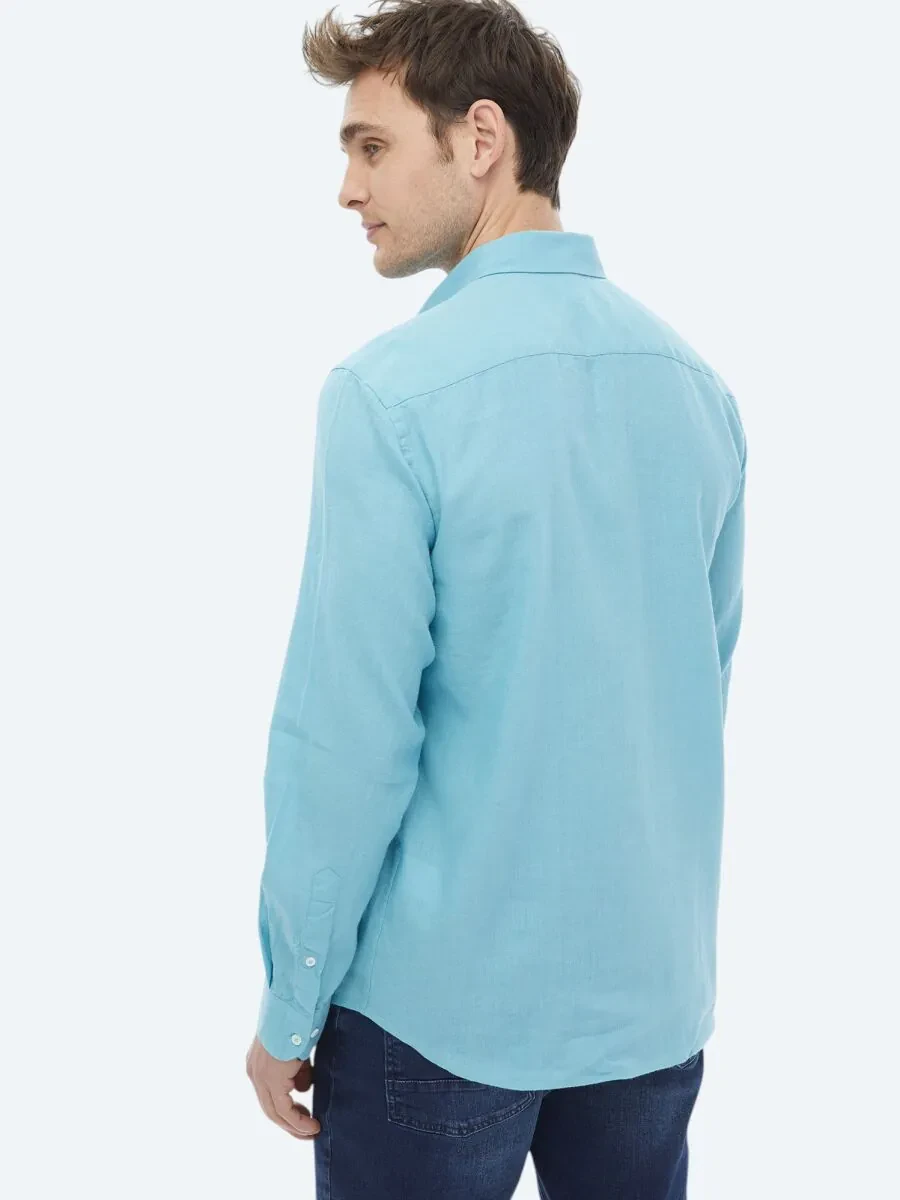 Turkuaz Düz Regular Fit Dokuma Casual Pamuk Karışımlı Gömlek - 11