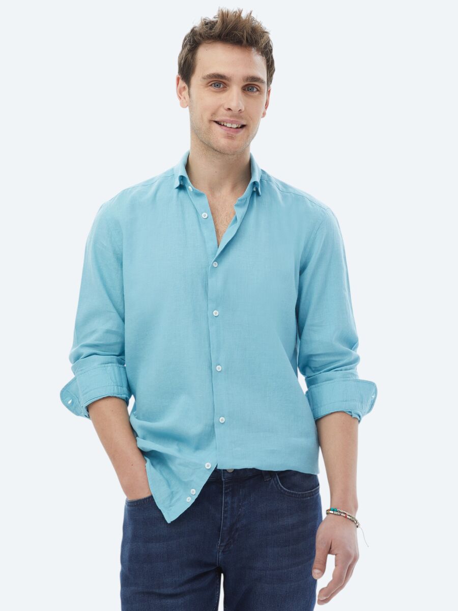 Turkuaz Düz Regular Fit Dokuma Casual Pamuk Karışımlı Gömlek - 3