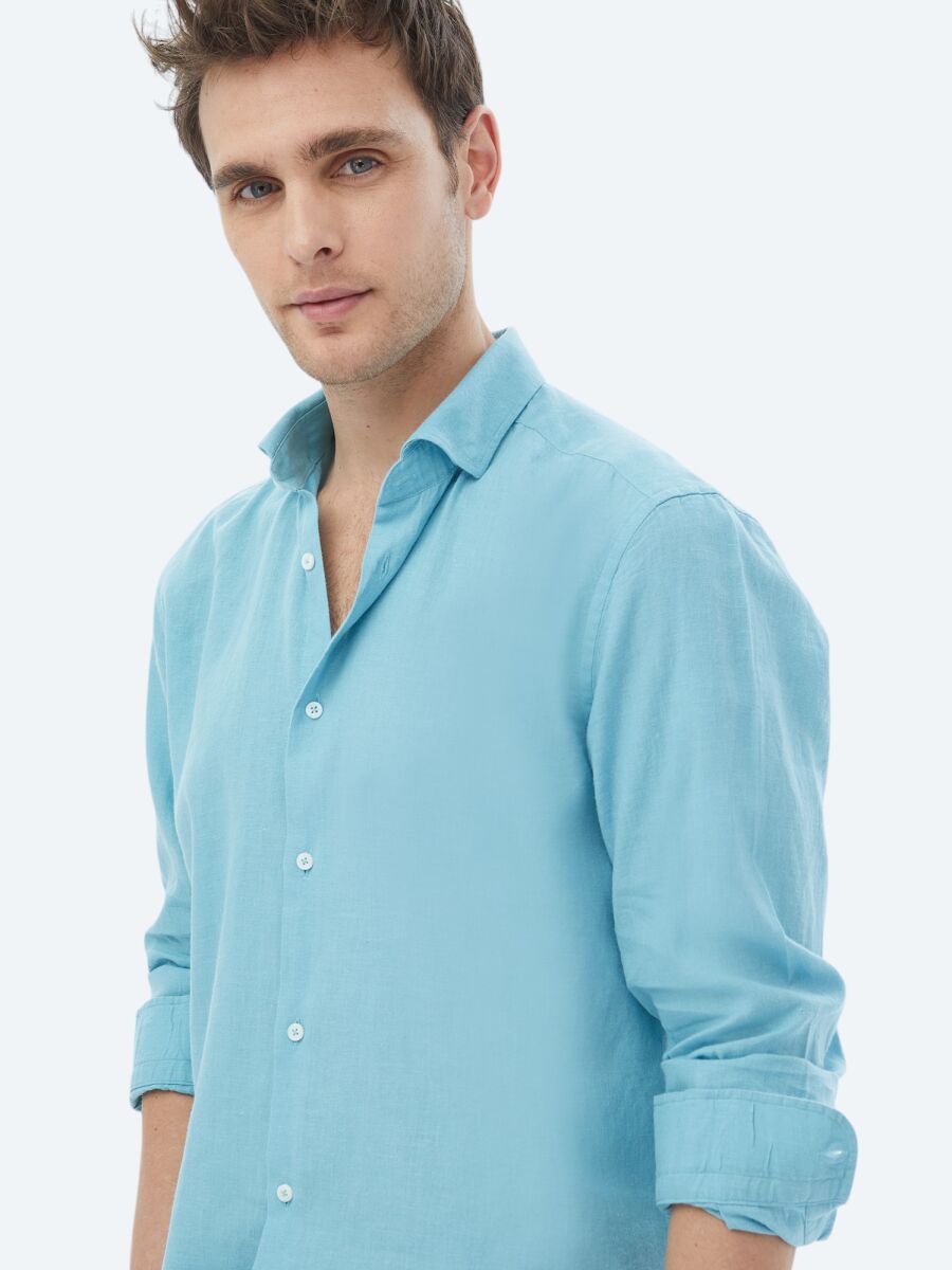 Turkuaz Düz Regular Fit Uzun Dokuma Casual Pamuk Karışımlı Gömlek - 5