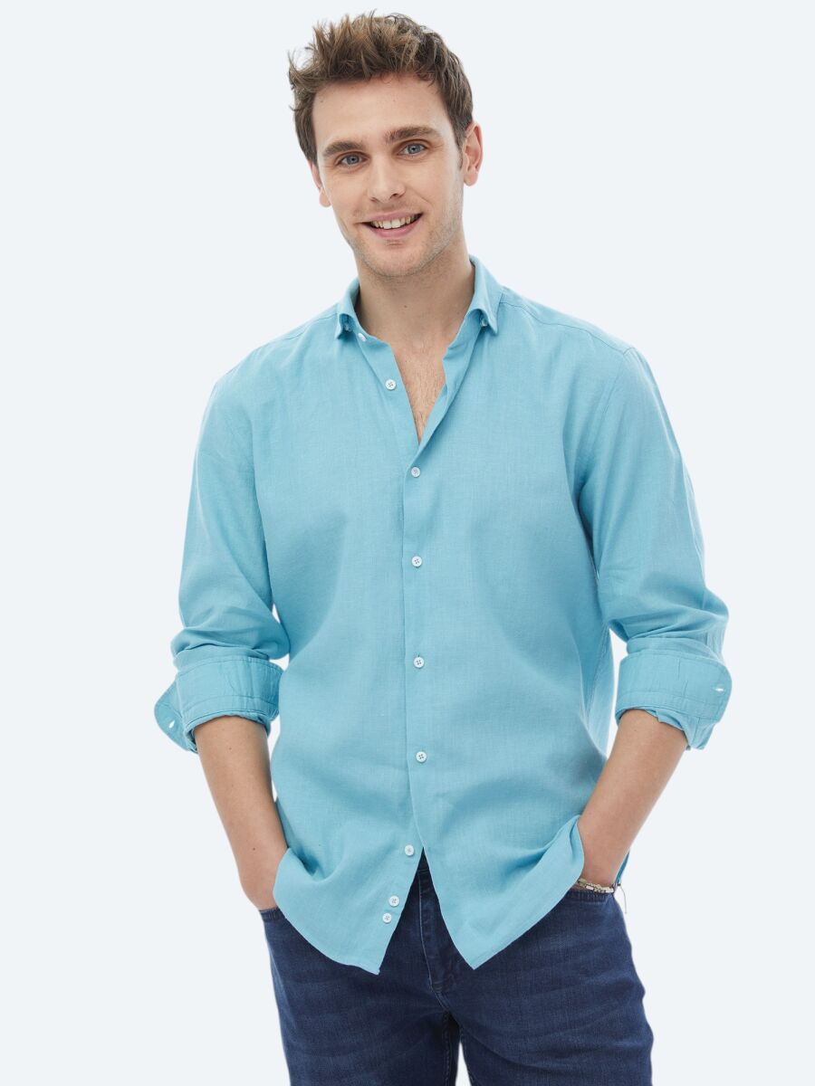 Turquoise Plain Regular Fit Long Weaving Casual Cotton Blended Shirt - 1