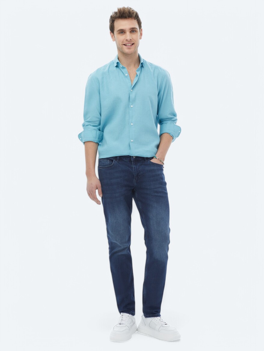 Turquoise Plain Regular Fit Long Weaving Casual Cotton Blended Shirt - 2