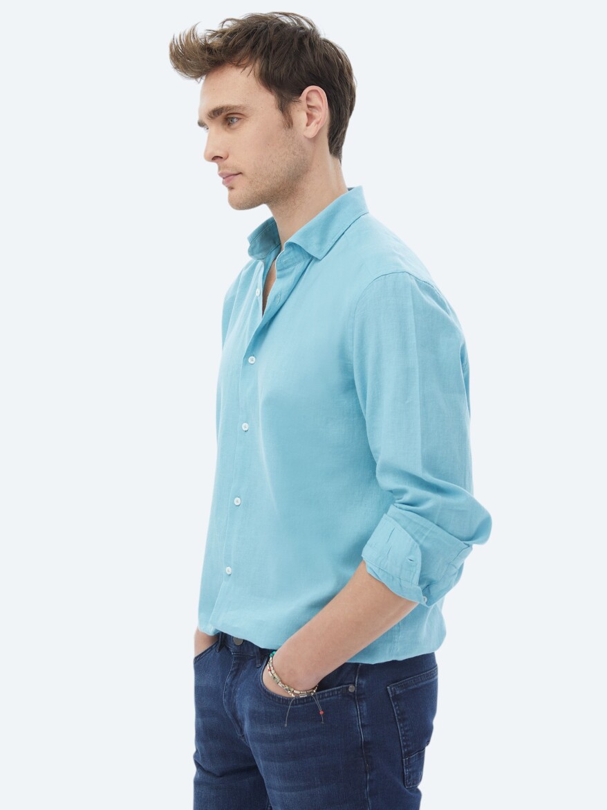 Turquoise Plain Regular Fit Long Weaving Casual Cotton Blended Shirt - 4