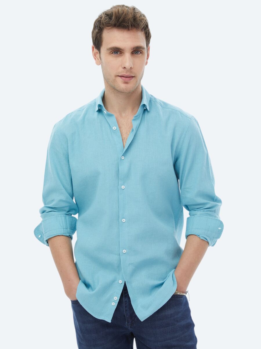 Turquoise Plain Regular Fit Long Weaving Casual Cotton Blended Shirt - 6