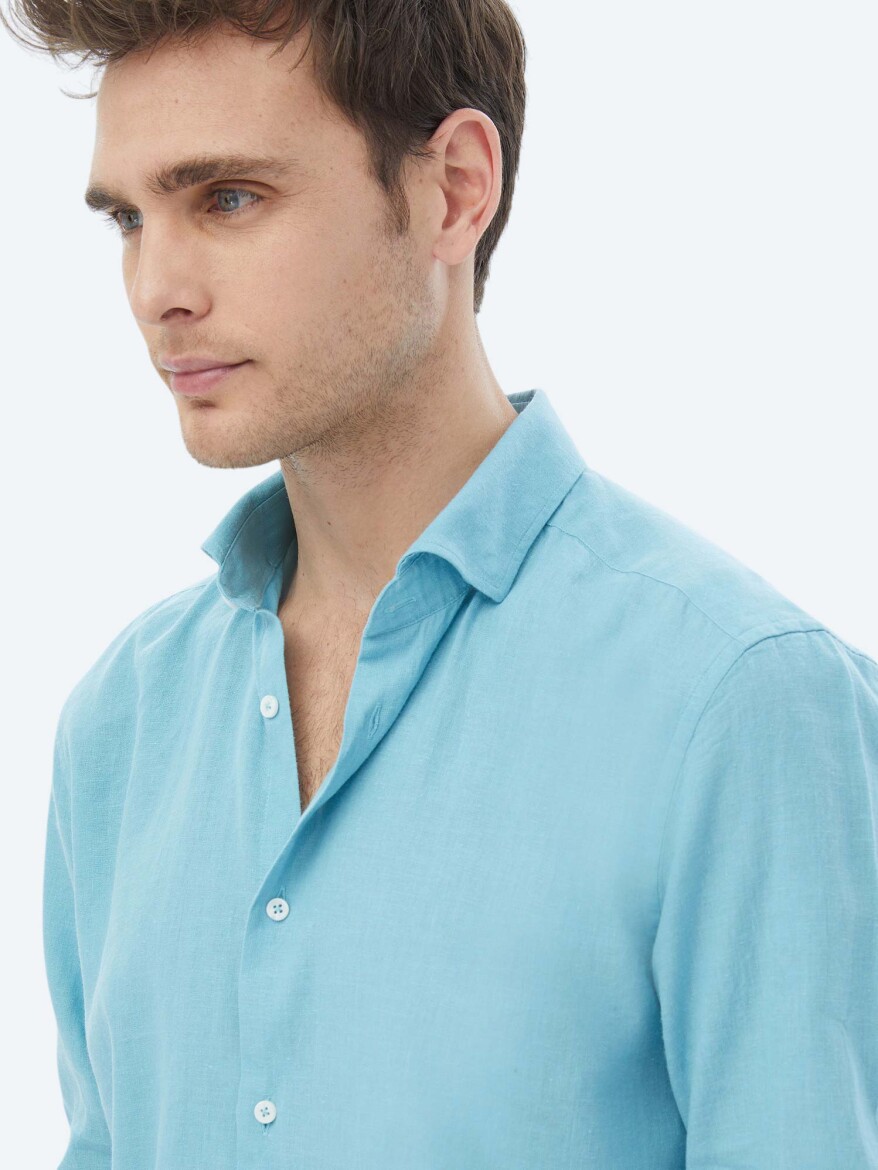 Turquoise Plain Regular Fit Long Weaving Casual Cotton Blended Shirt - 7