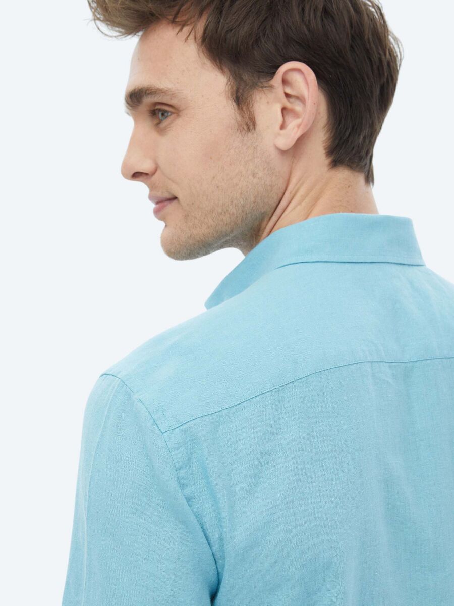 Turquoise Plain Regular Fit Long Weaving Casual Cotton Blended Shirt - 10