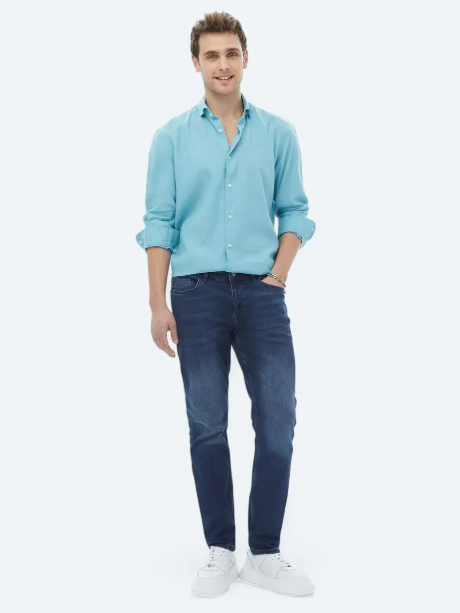 Turquoise Plain Regular Fit Weaving Casual Cotton Blended Shirt - 2