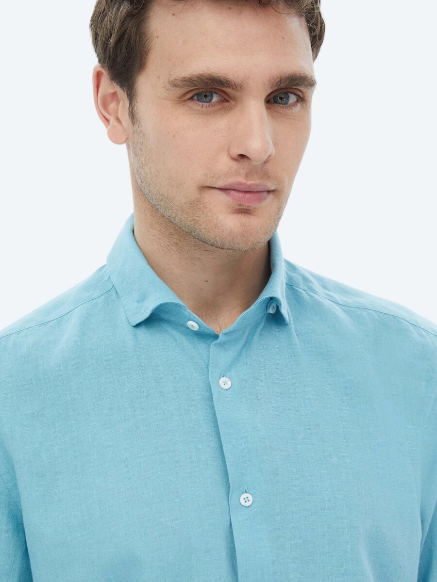 Turquoise Plain Regular Fit Weaving Casual Cotton Blended Shirt - 8
