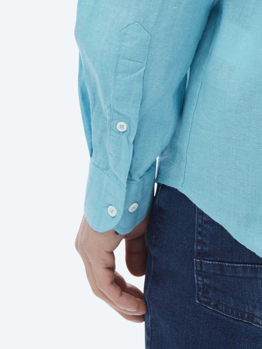 Turquoise Plain Regular Fit Weaving Casual Cotton Blended Shirt - 9