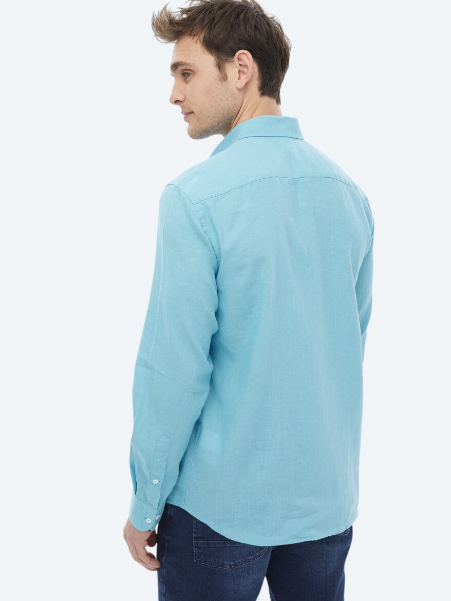 Turquoise Plain Regular Fit Weaving Casual Cotton Blended Shirt - 11