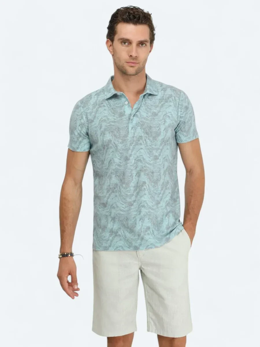 Turquoise Printed Polo Neck Cotton Blended T-Shirt - 1