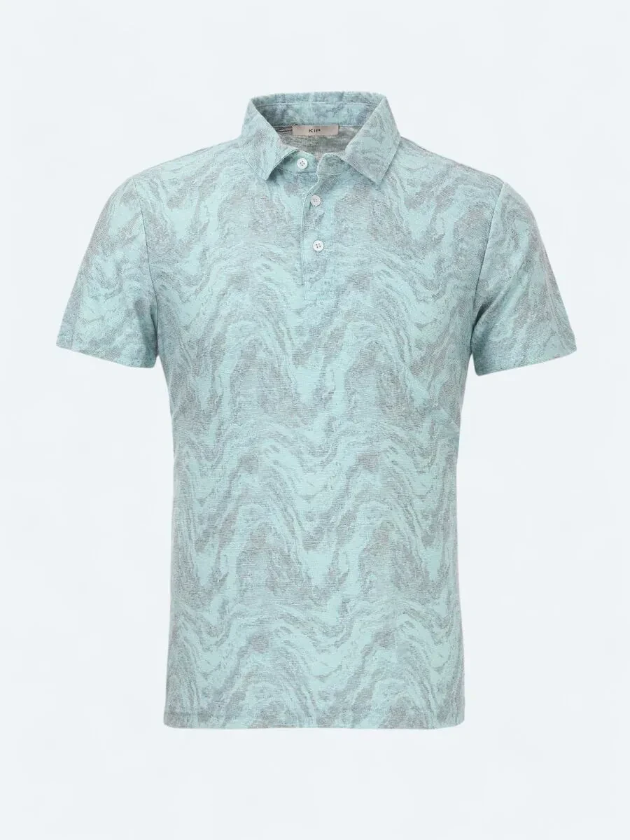 Turquoise Printed Polo Neck Cotton Blended T-Shirt - 6