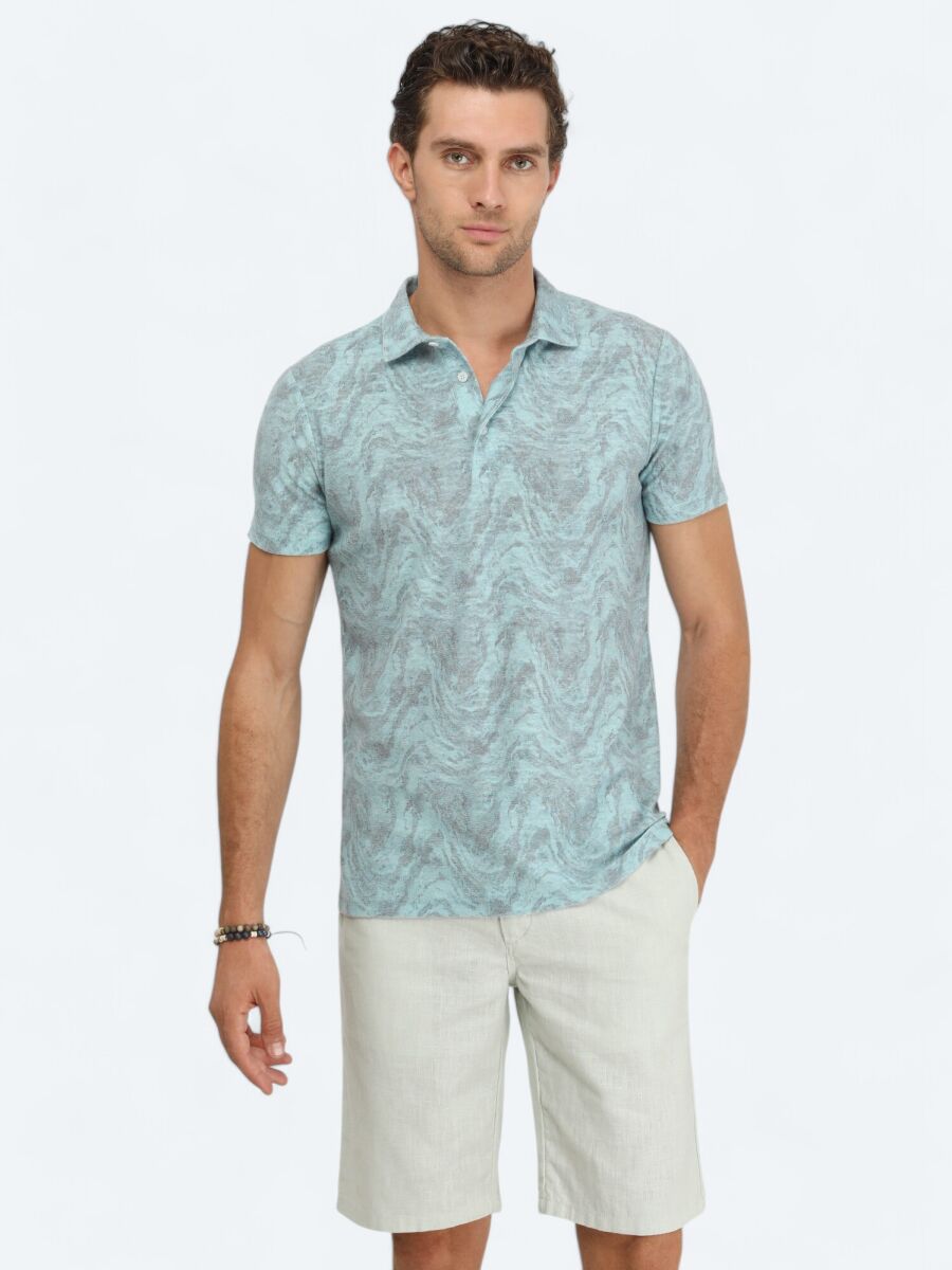 Turquoise Printed Polo Neck Cotton Blended T-Shirt - 1