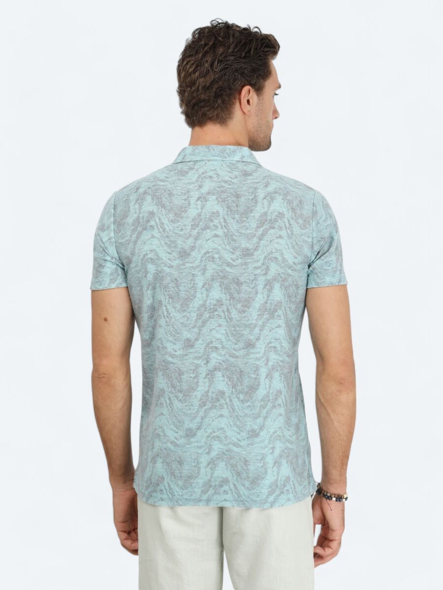 Turquoise Printed Polo Neck Cotton Blended T-Shirt - 5