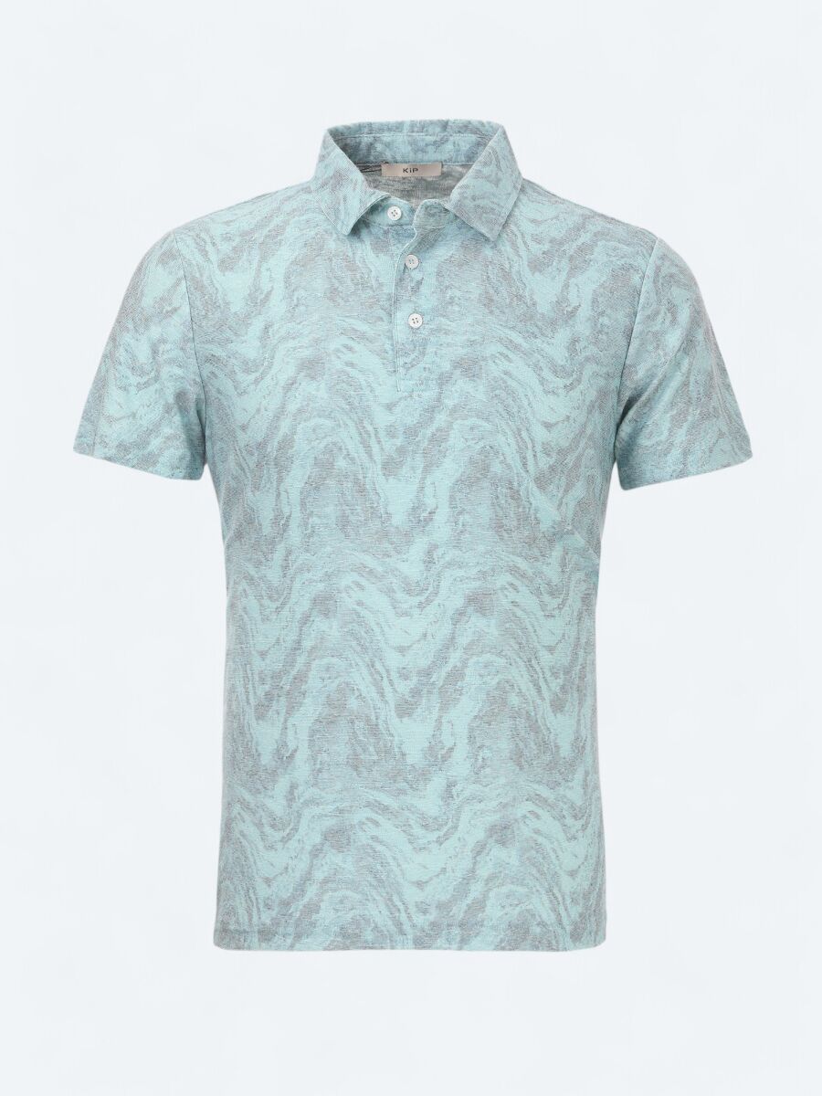 Turquoise Printed Polo Neck Cotton Blended T-Shirt - 6