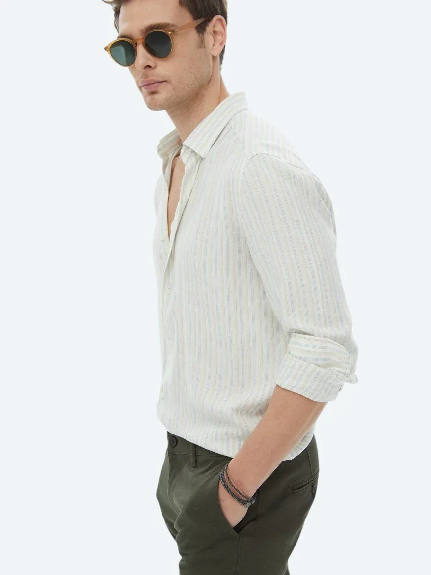 Turquoise Striped Regular Fit Weaving Casual Cotton Blended Shirt - 4