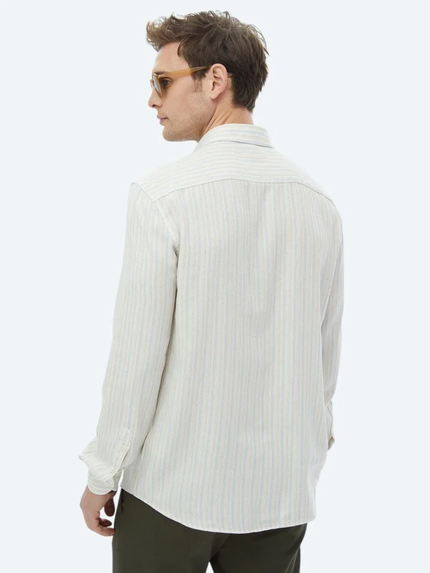 Turquoise Striped Regular Fit Weaving Casual Cotton Blended Shirt - 6